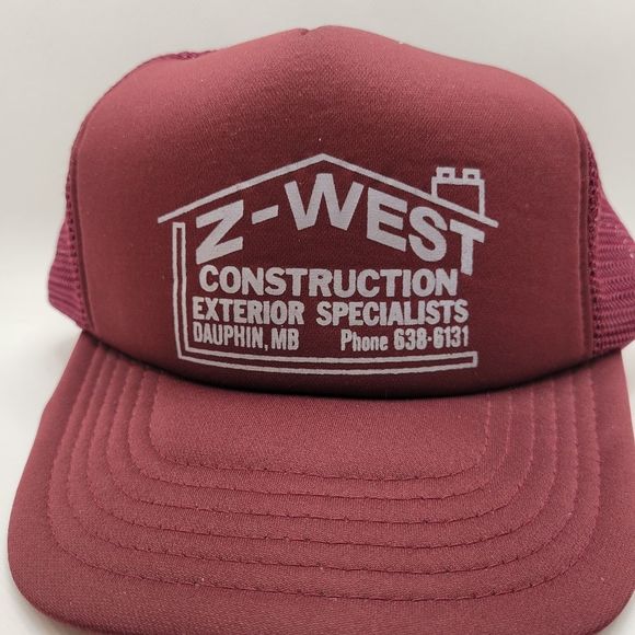 Vintage Dark Red Foam Mesh Snapback Trucker Hat Stacked Z-West Construction Logo - Picture 12 of 12